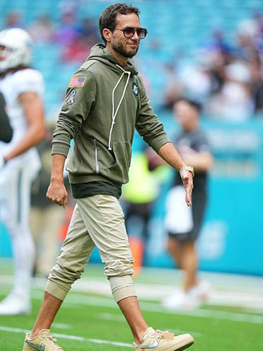 Mike McDaniel-inspired Miami Dolphins 2025 Salute to Service fleece hoodie featuring soft fabric and signature graphics.