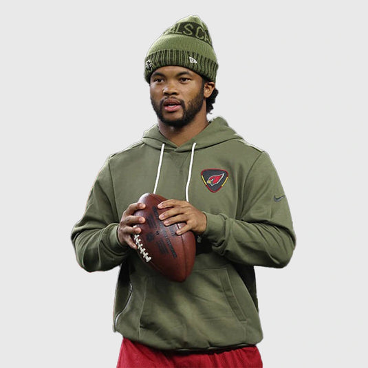 Arizona Cardinals 2025 Hoodie in olive green crafted from premium fleece, worn by Kyler Murray.