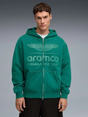 Recreated PUMA x Aston Martin Aramco F1 Team unisex green zip-up fleece hoodie with a clean motorsport-inspired design