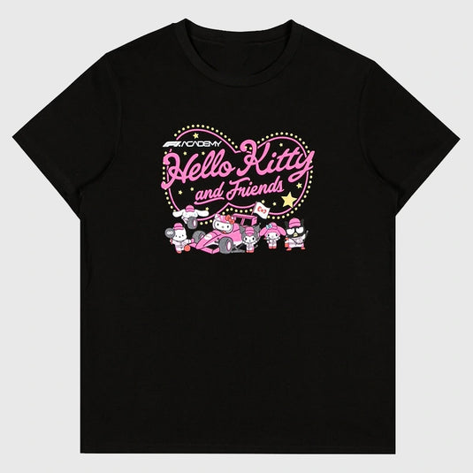 Unisex Hello Kitty Formula 1 Academy Black Tee made from soft, breathable cotton.