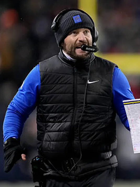 RECREATED Los Angeles Rams playoffs 2025 black parachute puffer vest inspired by Coach Sean McVay sideline style