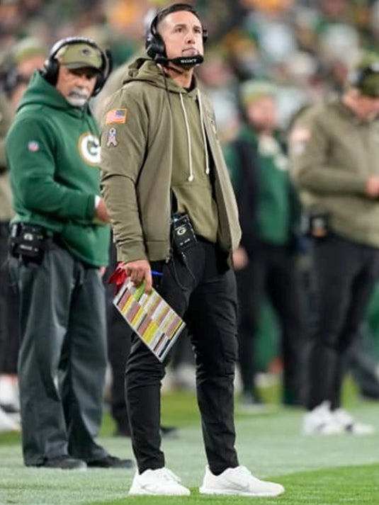 Olive green Matt LaFleur Green Bay Packers 2025 cotton bomber jacket with full-zip closure and soft interior lining.