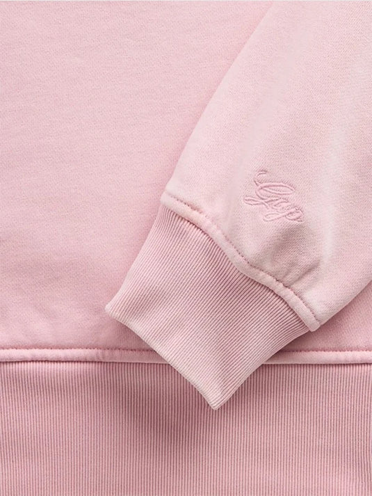 Oversized pink fleece hoodie RECREATED from Gap × Summer Fridays featuring clean branding and soft, off-duty aesthetics