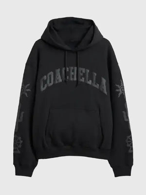 Recreated Gap x Coachella oversized black pullover fleece hoodie with soft interior, relaxed fit, and minimal graphic detailing
