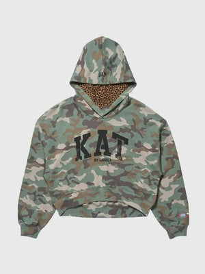RECREATED Gap x Katseye Kat by Daniela camo fleece pullover hoodie featuring soft interior lining and relaxed streetwear fit