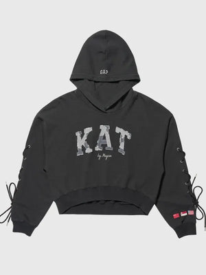 RECREATED Gap x Katseye 2026 Kat by Megan cropped black fleece pullover hoodie featuring laced sleeve detailing and a modern streetwear silhouette