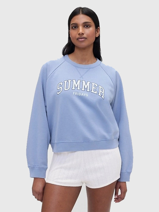 Blue oversized raglan sweatshirt recreated from the Gap x Summer Fridays collaboration featuring soft fabric and clean logo detail