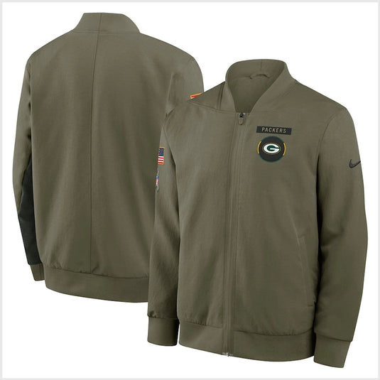 Green Bay Packers 2025 Nike olive green Salute to Service Sideline bomber jacket with a sleek full-zip front design.