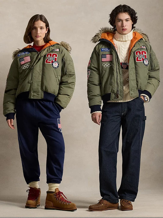 Polo Ralph Lauren Team USA 2026 Milano Cortina Olympic green bomber jacket with fur-trim hood and padded construction