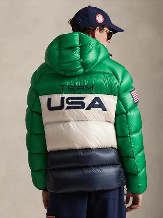 Milano Cortina 2026 Winter Olympics recreation Hawthorne puffer jacket in green and white with structured fit