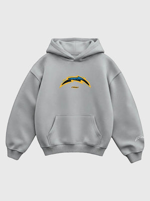 Grey fleece pullover hoodie inspired by Seen x Chargers featuring bold graphic print and casual streetwear style