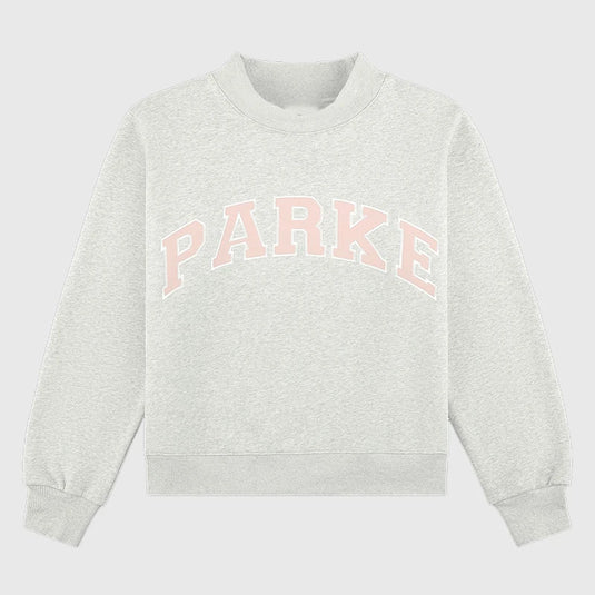 Grey Parke Miami fleece sweatshirt featuring varsity lettering and a structured mockneck collar.