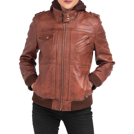 Hannah Brown Bomber Hooded Leather Jacket