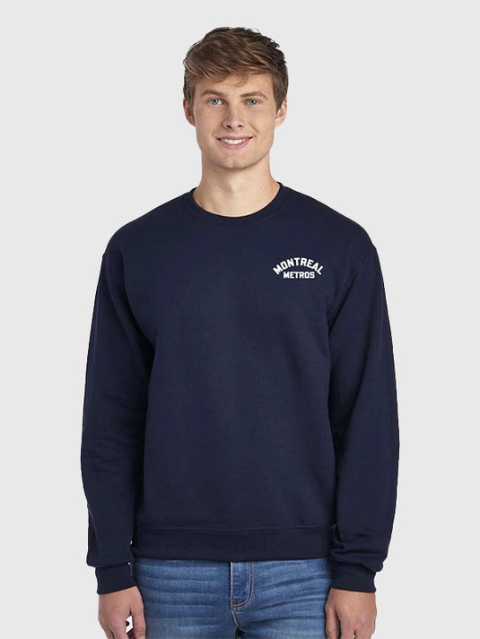 Navy blue sweatshirt from Heated Rivalry Shane Hollander collection, Montreal Metros-inspired with bold graphic accents