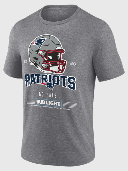 RECREATED New England Patriots Bud Light Go Pats t-shirt in heather gray with soft fabric and relaxed fit