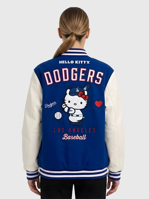 RECREATED Hello Kitty x MLB Los Angeles Dodgers Varsity Bomber Jacket in Blue & White showcasing a sleek outerwear profile with bold themed design