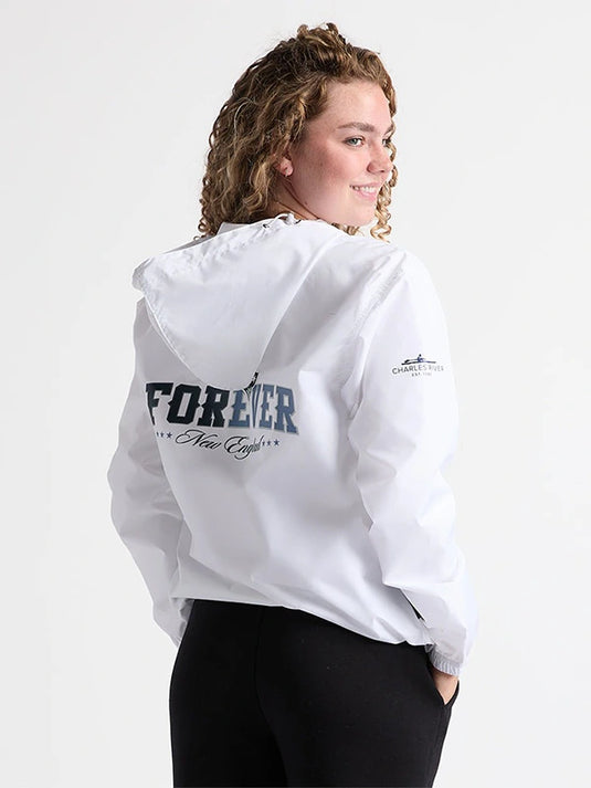 Unisex white Pack-N-Go pullover jacket recreated from Charles River x New England Patriots 2026 with easy layering fit
