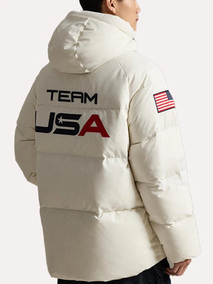 Recreated Milano Cortina 2026 Winter Olympics off-white Team USA jacket with ribbed cuffs and refined cold weather design