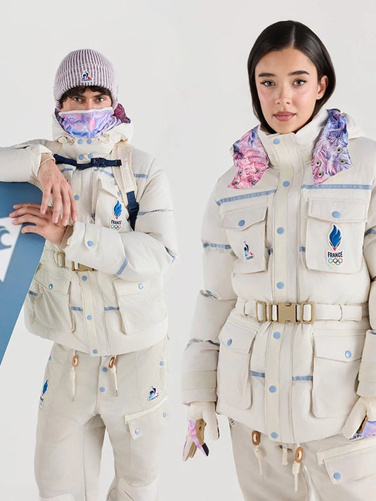 Beige winter puffer jacket with hood, recreated from Team France’s Milano Cortina 2026 opening ceremony look