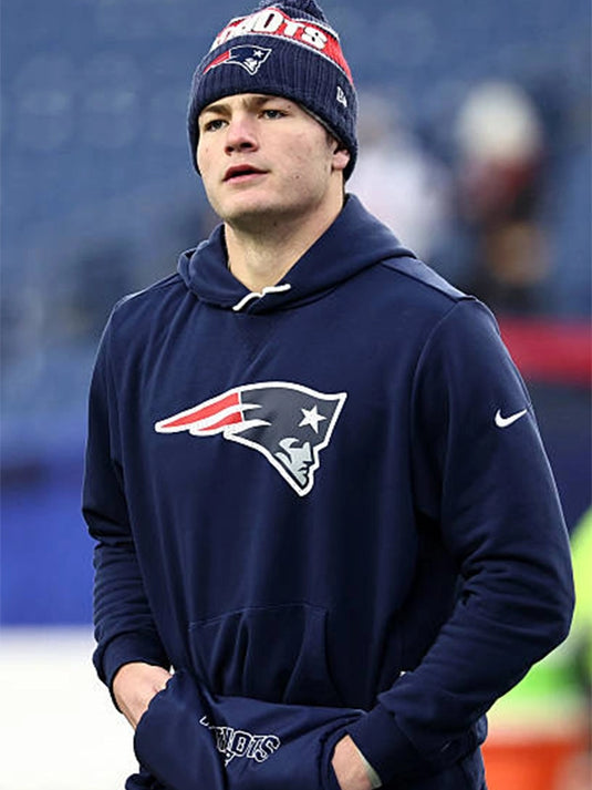 New England Patriots 2025 sideline fleece hoodie in navy inspired by Drake Maye and recreated for everyday wear