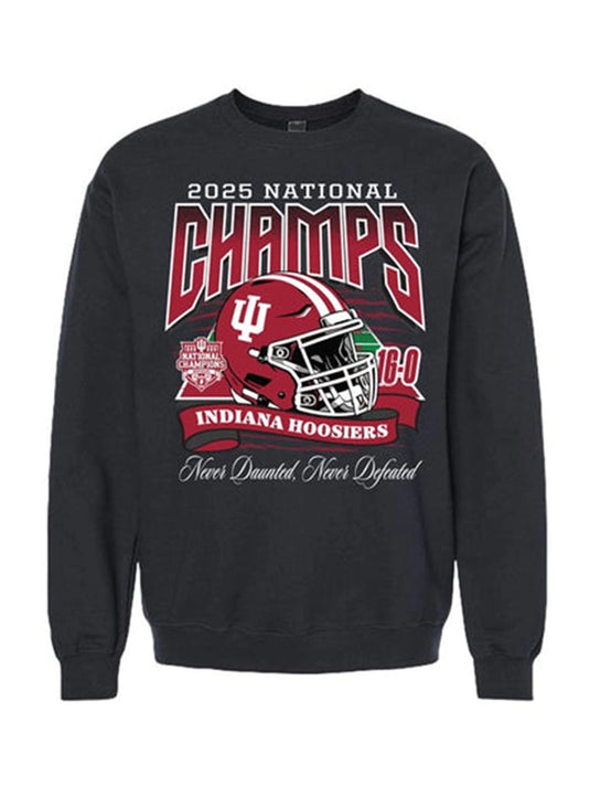 RECREATED Indiana Hoosiers 2025 National Champs fleece crewneck sweatshirt featuring bold helmet graphics and soft fabric