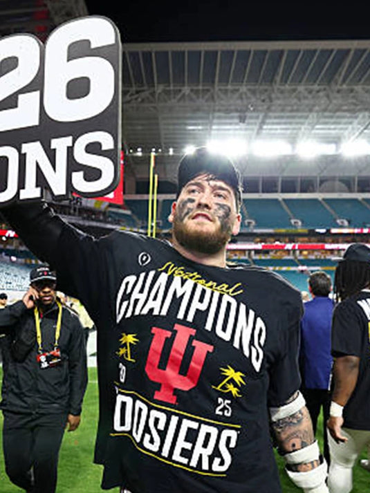 RECREATED Indiana Hoosiers 2025 College Football Playoffs black locker room t-shirt with bold celebratory design