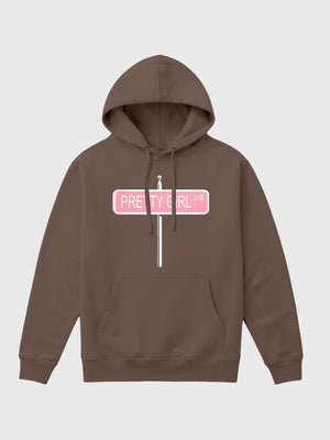 RECREATED Sabrina Carpenter 2026 House Tour Pretty Girl Ave fleece pullover hoodie in brown featuring soft brushed interior and relaxed casual streetwear fit