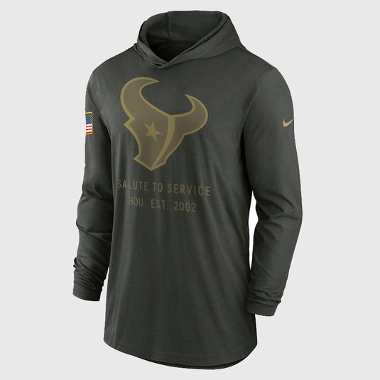 Houston Texans 2025 Nike forest green Salute to Service hooded pullover combining functional comfort with team-inspired styling.