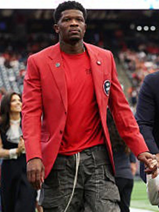 Recreation red blazer inspired by Andre Johnson’s Houston Texans Ring of Honor appearance.