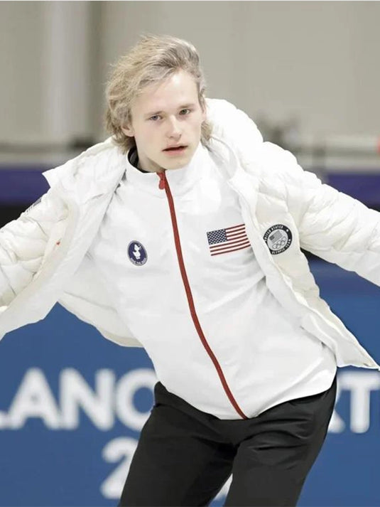 Recreated Winter Olympic 2026 Ilia Malinin Nike ACG x Therma-FIT ADV Team USA white puffer jacket with insulated quilted panels