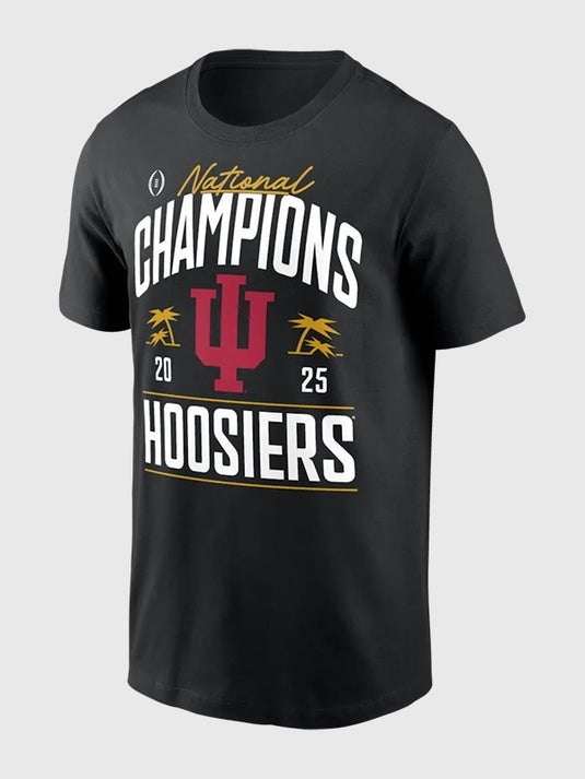 Black t-shirt commemorating Indiana Hoosiers 2025 College Football Playoffs National Champions with detailed locker room design