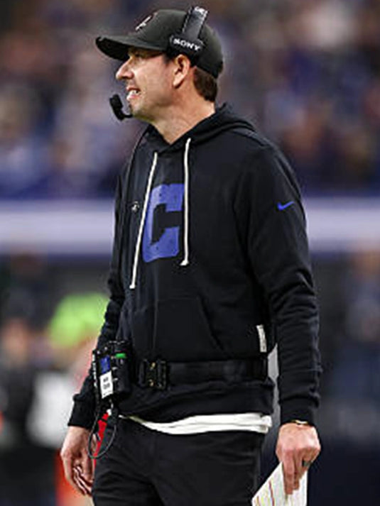 Black Dri-FIT pullover hoodie inspired by Shane Steichen and the Indianapolis Colts 2025 sideline look
