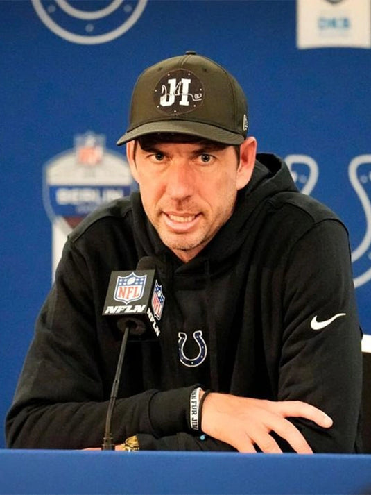 Indianapolis Colts 2025 black pullover fleece hoodie modeled after Coach Shane Steichen’s sideline apparel.
