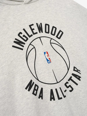 Recreated vintage-inspired grey fleece hoodie from Essentials Inglewood x All Star Weekend ’26 with crew neck silhouette