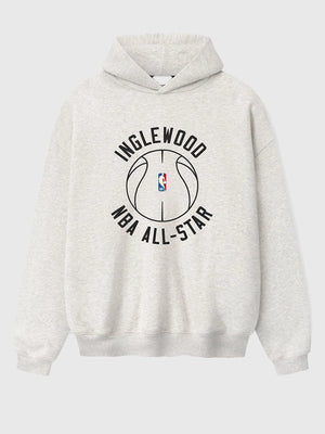 Grey Essentials Inglewood x All Star Weekend ’26 90s pullover hoodie featuring vintage-inspired text and soft fleece interior