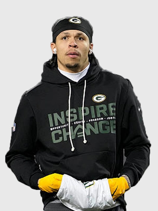 Black Green Bay Packers Inspire Change hoodie with Opportunity Equity Freedom Justice text across the design