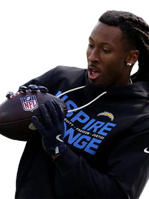 Nike black sideline pullover hoodie linked to Los Angeles Chargers Inspire Change campaign and modern athletic styling