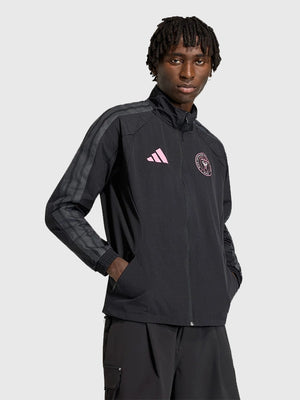Unisex black anthem jacket recreated from Adidas Inter Miami CF collection with smooth finish and modern athletic profile.