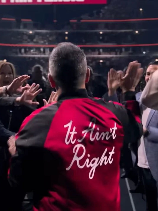 Modern red and black jacket designed after Sebastian Maniscalco’s It Ain’t Right appearance.
