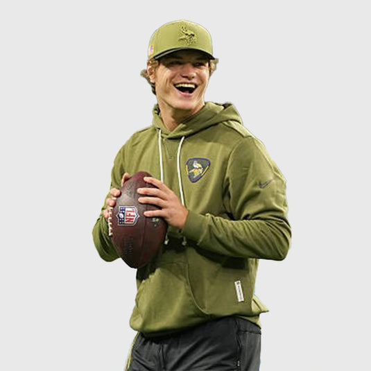 J.J. McCarthy Minnesota Vikings 2025 Salute to Service Olive Green Fleece Hoodie with soft interior fabric.