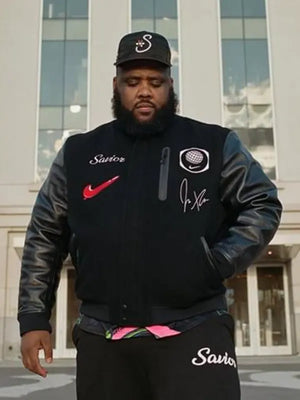 Nike x Jae Tips Savior Destroyer Black Wool & Leather Varsity Jacket – Unisex featuring a classic varsity silhouette with premium wool body and leather sleeves