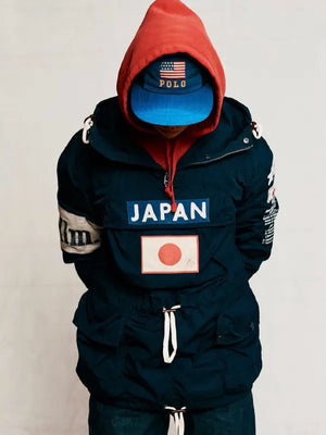 Recreated BEAMS x Polo Ralph Lauren Japan navy anorak jacket with hooded pullover style and casual relaxed fit