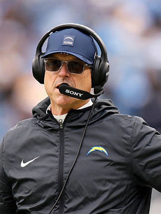 Jim Harbaugh Chargers Black Hooded Puffer Jacket offering sporty design and modern appeal.