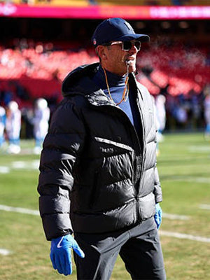 Jim Harbaugh 2025 Los Angeles Chargers black Nike parachute puffer jacket with insulated quilted design