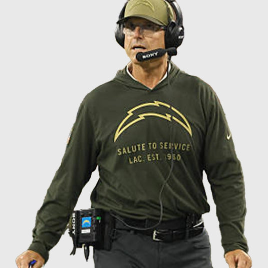 Los Angeles Chargers forest green Salute to Service hooded T-shirt featuring a pullover design and athletic fit.