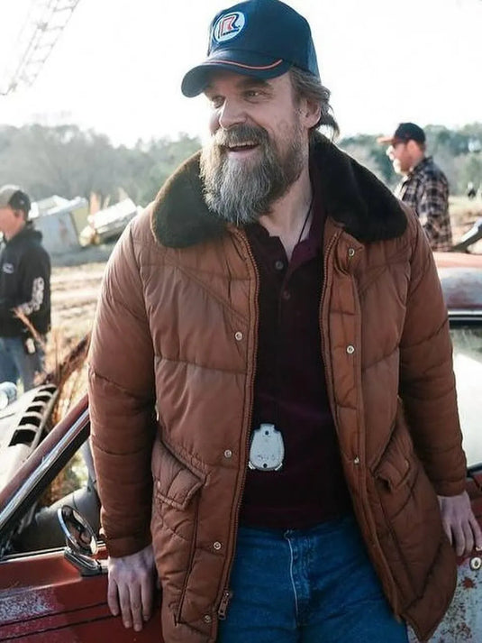 Brown parachute puffer jacket inspired by David Harbour’s Jim Hopper look in Stranger Things season 5
