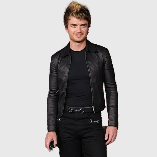 DJO Joe Keery black leather jacket from Stranger Things Season 5 event featuring smooth finish and timeless biker style.