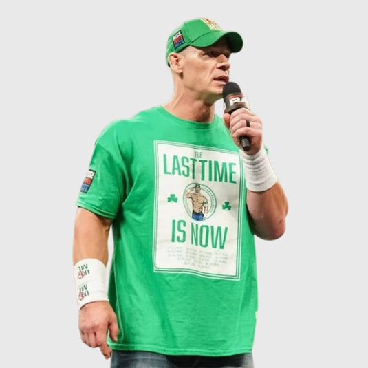 John Cena RAW 2025 green T-shirt with Boston-inspired design, comfortable fit, and casual style.