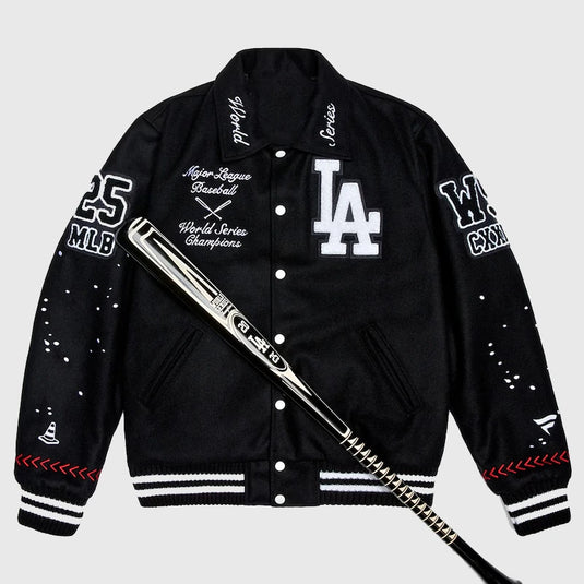 Joshua Vides Los Angeles Dodgers Black Full-Snap Varsity Jacket crafted with rib-knit trims and contrast sleeves.