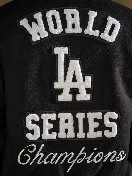 Los Angeles Dodgers 2025 World Series Champions Jacket by Joshua Vides featuring premium wool body and snap buttons.